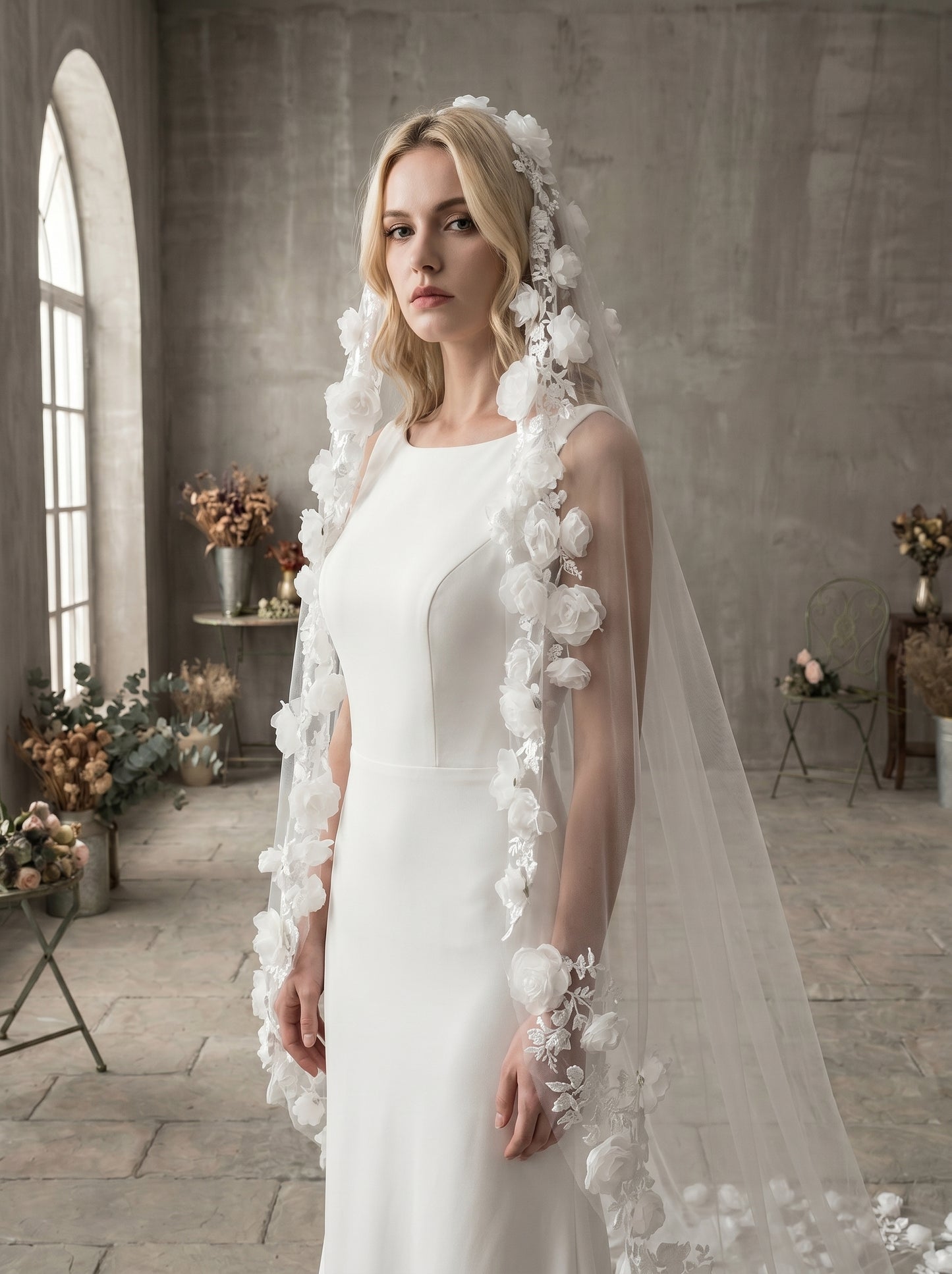 Ethereal White Floor Length Drop Veil - Minimalist Cut Edge Blusher Veil, Comb-Free Soft Tulle Wedding Veil LUNA-X23