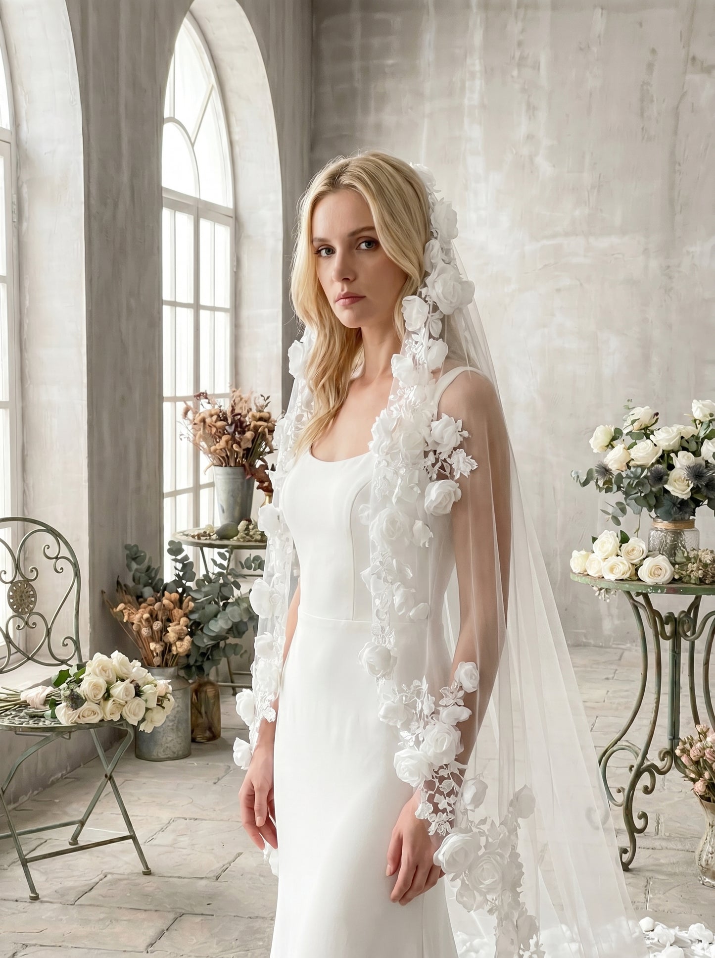 Ethereal White Floor Length Drop Veil - Minimalist Cut Edge Blusher Veil, Comb-Free Soft Tulle Wedding Veil LUNA-X23
