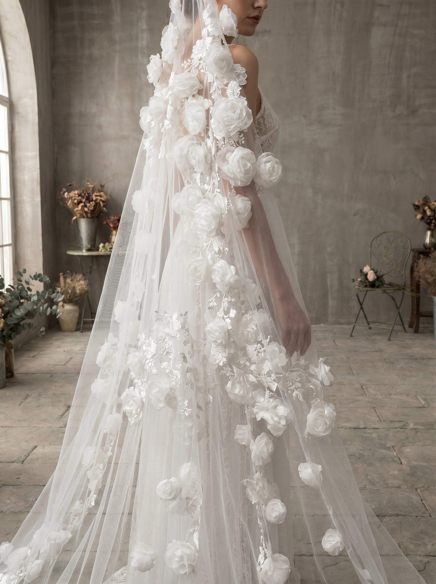 Ethereal White Floor Length Drop Veil - Minimalist Cut Edge Blusher Veil, Comb-Free Soft Tulle Wedding Veil LUNA-X23