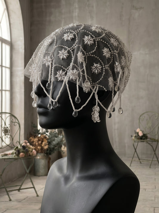 Vintage 1920s Juliet Cap Wedding Veil - Milk White Stiff Tulle Bridal Hair Cap, Luxurious Art Deco Pearl Starburst Headpiece with Teardrop Tassels  LUNA-X88