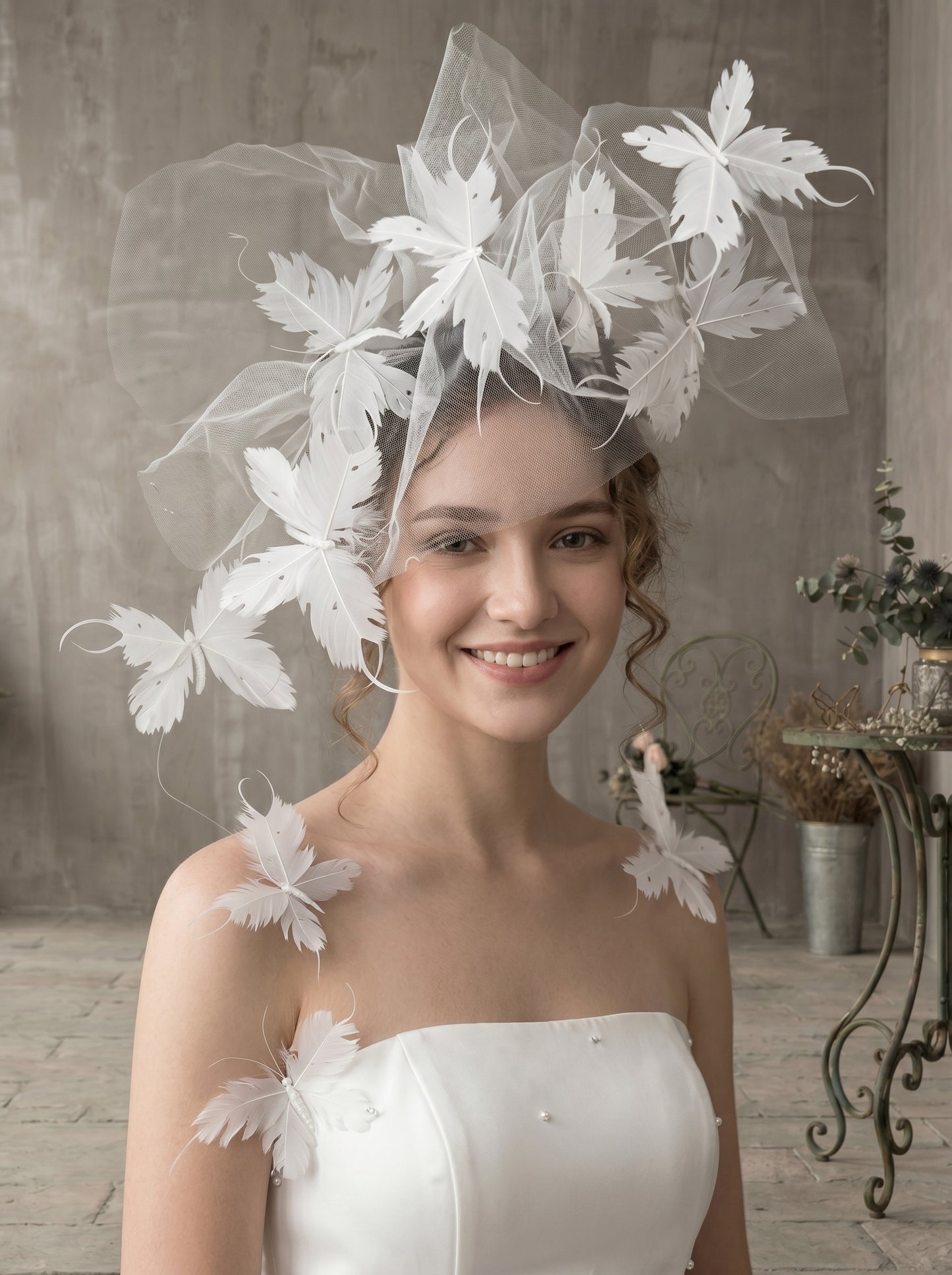 Whimsical Feather Butterfly Bridal Headband - Cascading 3D Fluttering Fascinator Crown for Modern Bride  LUNA-X218