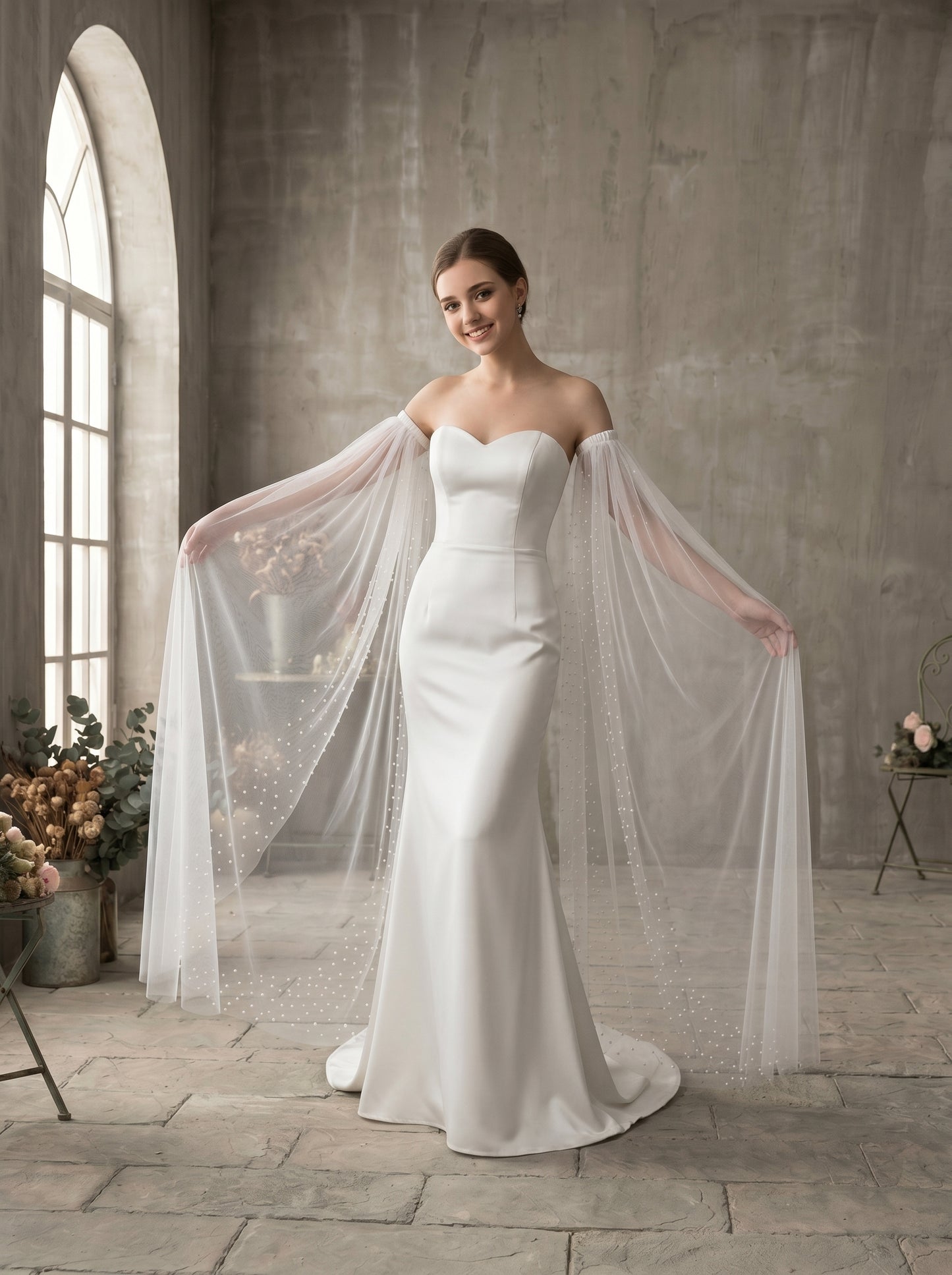 Detachable Pearl Bridal Sleeves - 150cm Off the Shoulder Wedding Cape Wings Pearls Beaded Mesh Flattering Arm Cover LUNA-X229