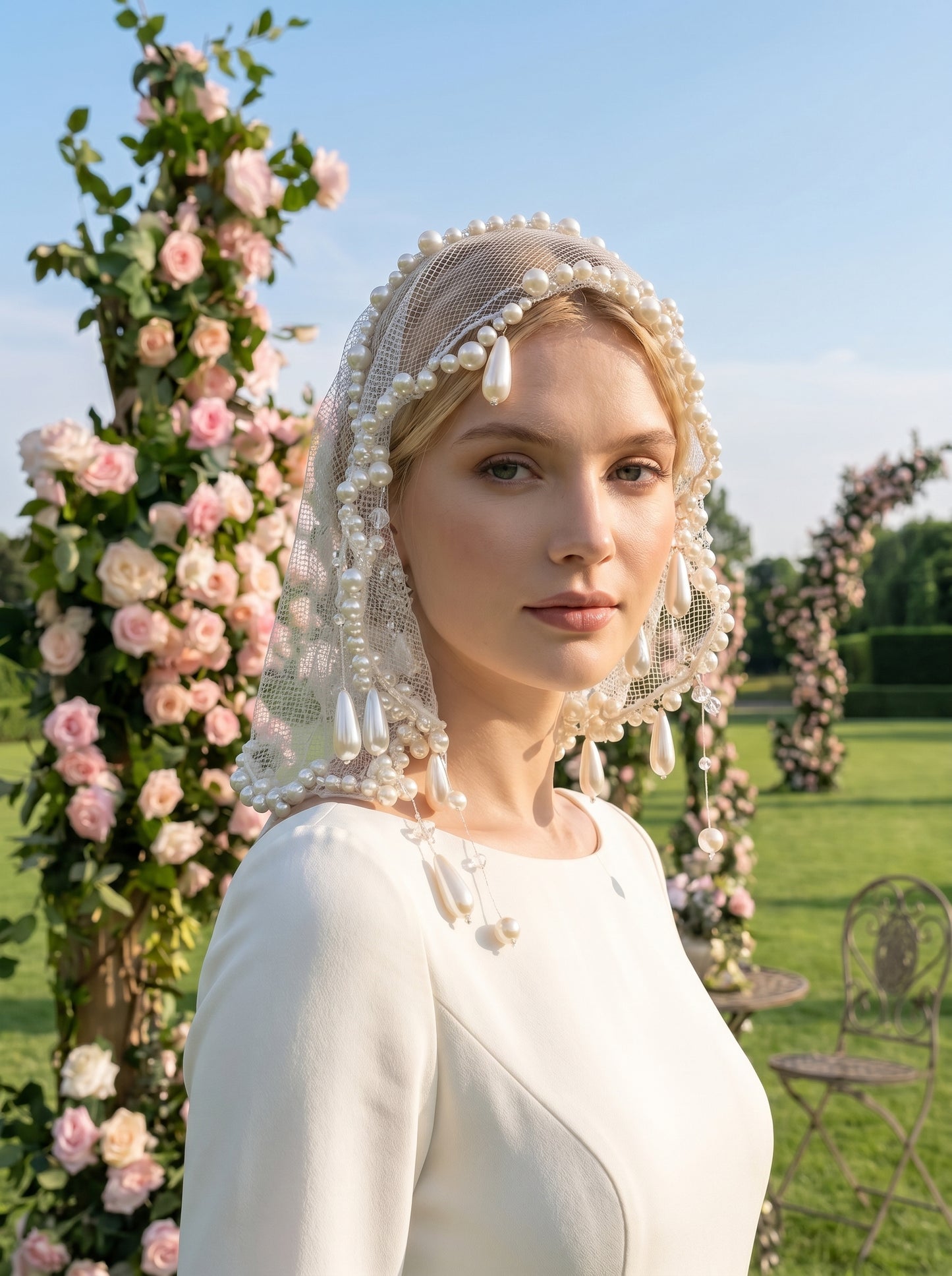 Chic 20x20 Pearl Edge Civil Wedding Veil, Heavy Beaded Vintage Mesh Face Cover, High Fashion Bachelorette Bridal Headpiece  LUNA-X209