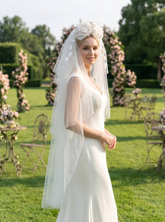 French Cottagecore Wedding Veil with 3D Silk Flower Crown - Romantic Multi Tiered Fingertip Bridal Veil  LUNA-X211