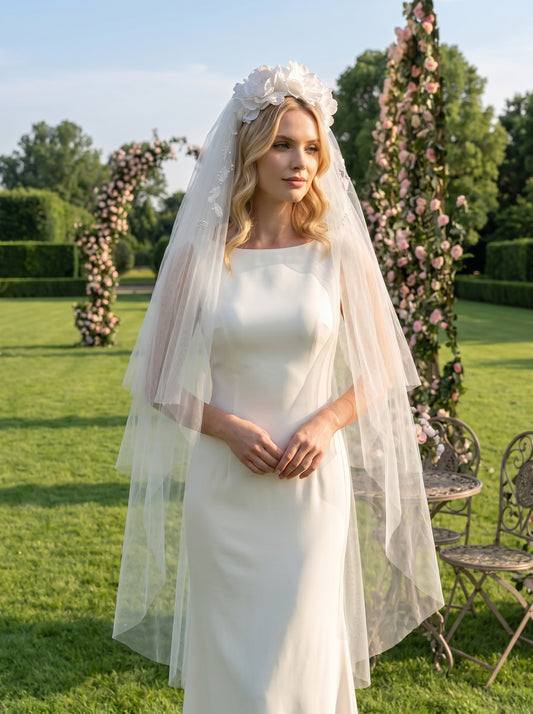 French Cottagecore Wedding Veil with 3D Silk Flower Crown - Romantic Multi Tiered Fingertip Bridal Veil  LUNA-X211