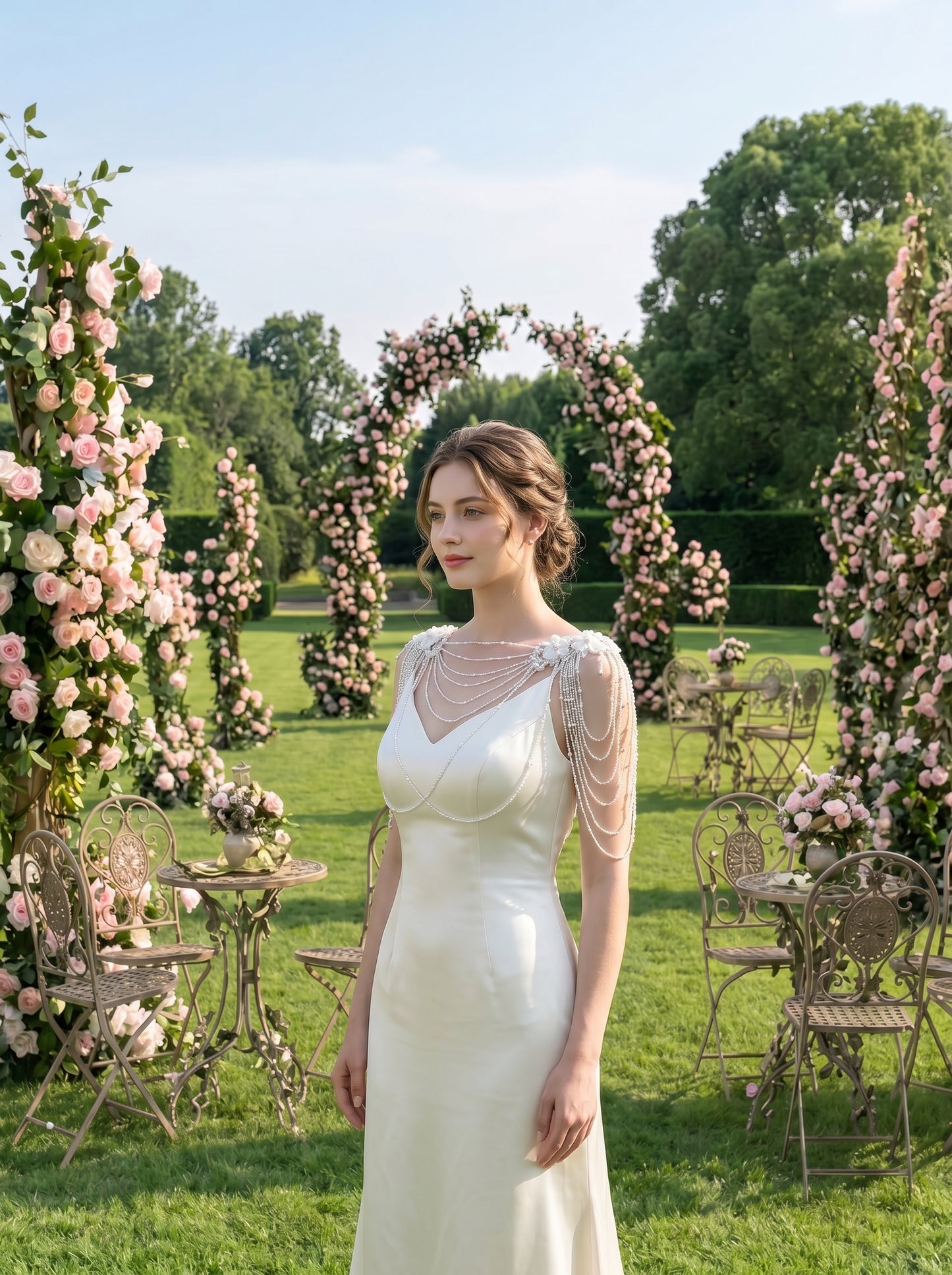 Luxury Pearl Bridal Shoulder Necklace - Beaded Wedding Body Chain Cape with Crystals and Floral Appliques for Strapless Dress  LUNA-X227