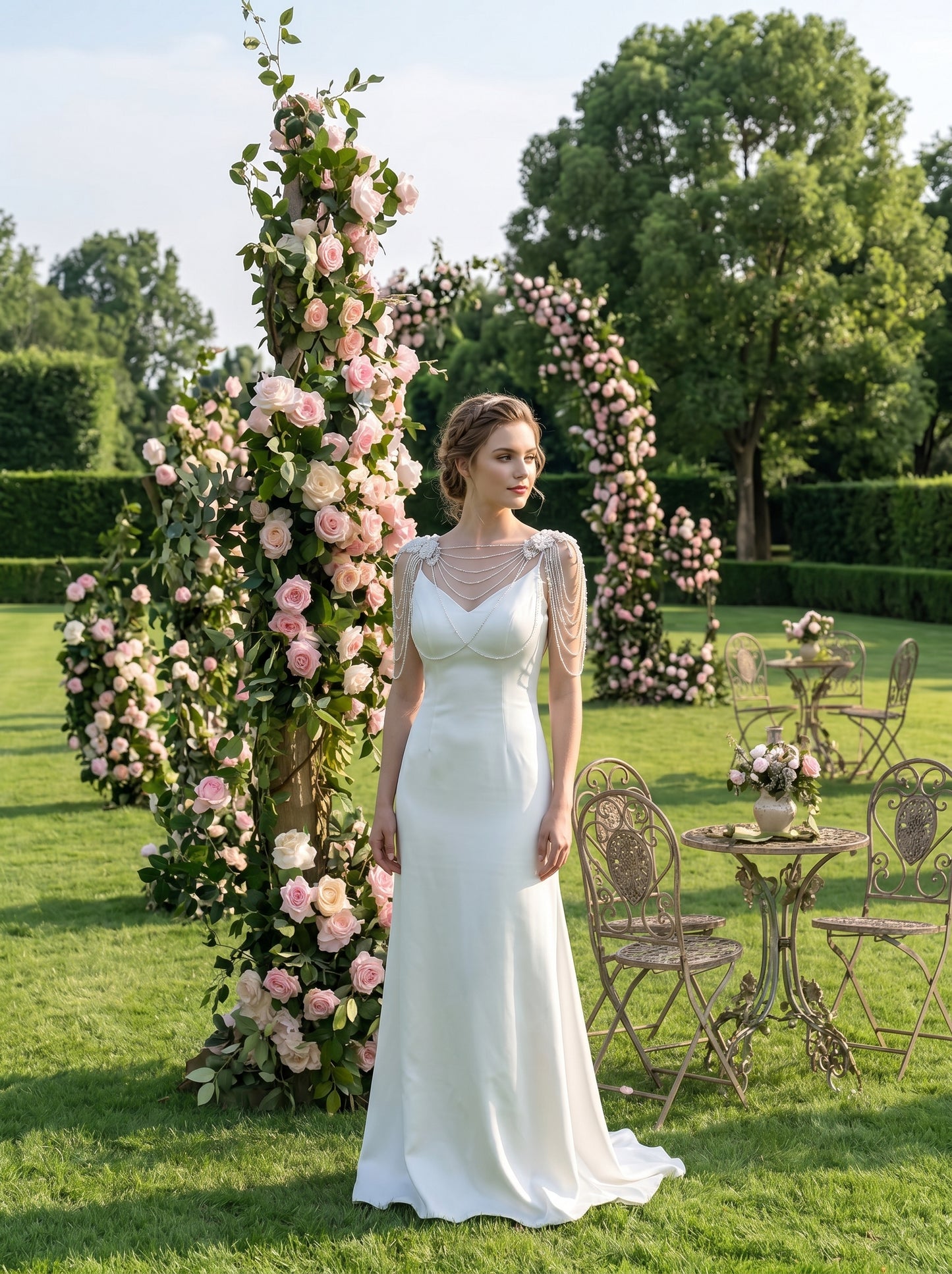 Luxury Pearl Bridal Shoulder Necklace - Beaded Wedding Body Chain Cape with Crystals and Floral Appliques for Strapless Dress  LUNA-X227