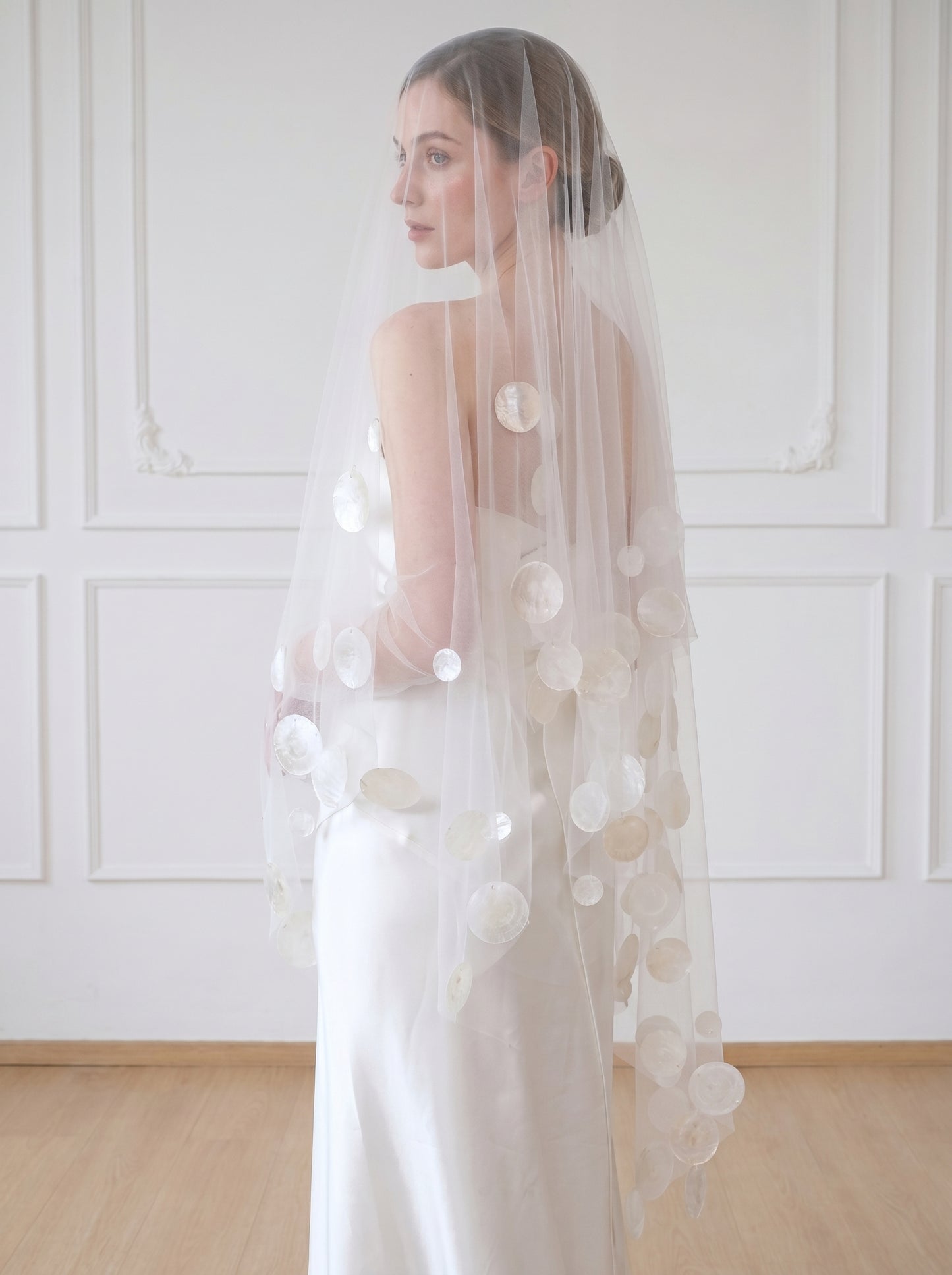 Ethereal Pure White Drop Veil - Minimalist Cut Edge Blusher Veil, Waist Length No Comb Bridal Veil  LUNA-X10