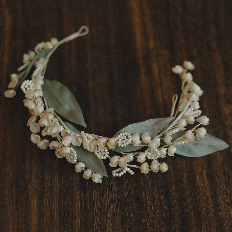 Vintage Lily of the Valley Bridal Headpiece Romantic Pearl and Silk Leaf Wedding Hair Vine Handmade Fairy Floral Tiara  LUNA-X109