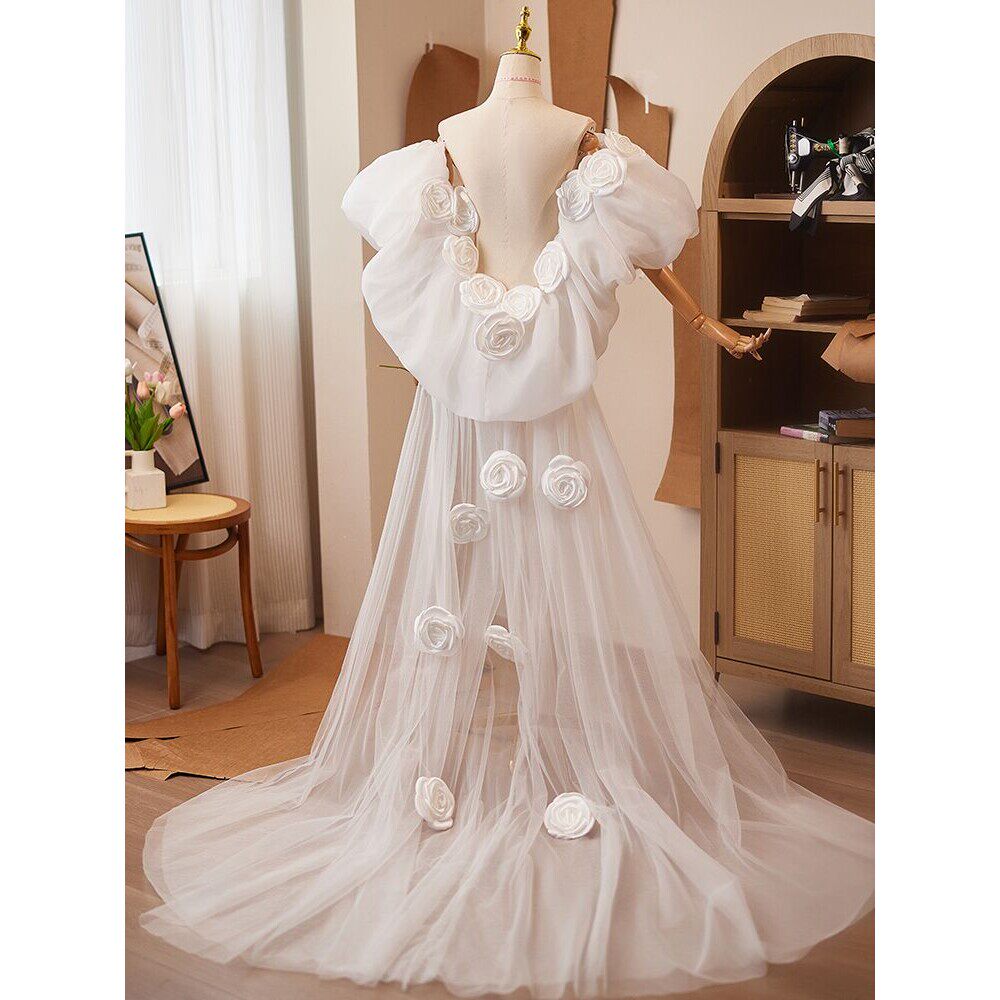 Romantic 3D Rose Bridal Cape Veil - Dramatic Puff Sleeve Wedding Capelet - Luxury Satin Floral Cathedral Train Shawl LUNA-X234