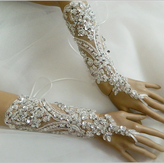 Sparkling Sequin Bridal Lace Gloves - Fingerless Wedding Gloves with Ring Loop - Luxury Beaded Applique Corset Bridal Mitts  LUNA-X336