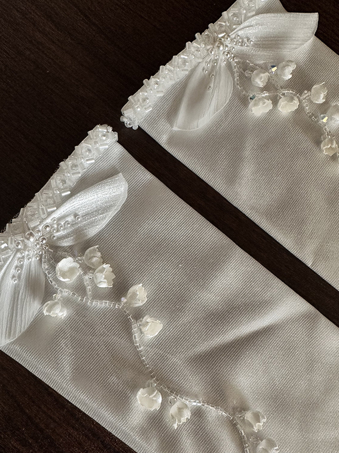 Lily of the Valley Satin Bridal Gloves - Hand-Beaded Pearl Floral Wedding Gloves - Vintage Pleated Ruffle Edge Prom & Evening Mittens (38cm/28cm) LUNA-X320