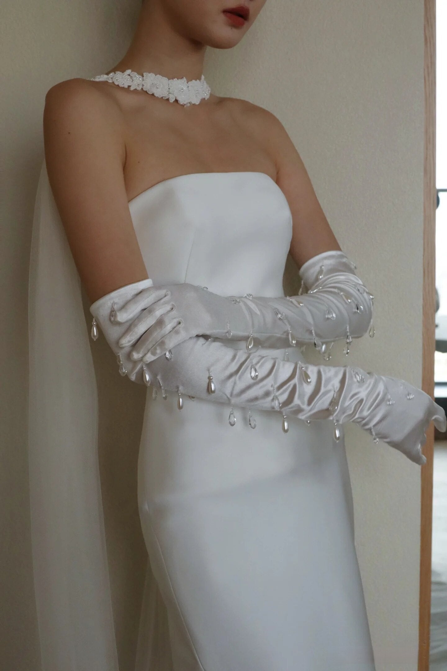Liquid Satin Opera Bridal Gloves - Raindrop Pearl & Crystal Tassel Wedding Gloves - Luxury Above-the-Elbow Hollywood Glamour Prom Mittens  LUNA-X318
