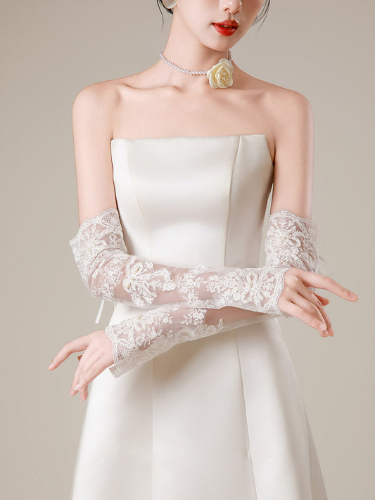 Vintage Fingerless Bridal Gloves Long 47cm, Floral Lace Wedding Sleeve Gloves with Pearls and Ribbon Tie for Bride Marriage Accessories LUNA-X181