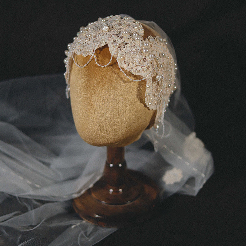 Luxury Juliet Cap Bridal Veil - Vintage Edwardian Pearl-Encrusted Wedding Hair Piece - Royal Lace Bridal Cap Veil with Scalloped Drapes  LUNA-X329