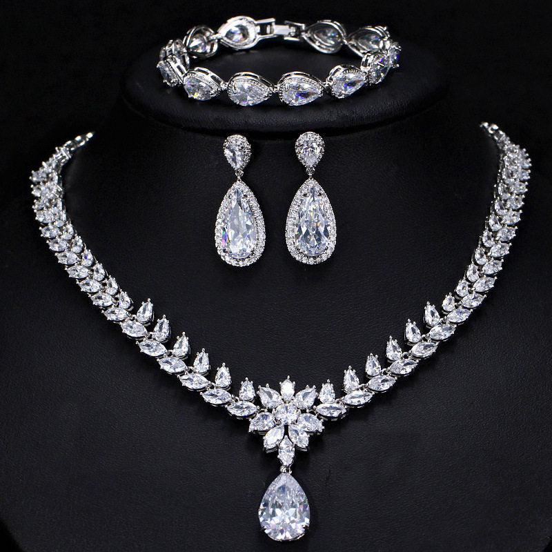 Imperial Teardrop and Marquise Crystal Bridal Jewelry Set - Luxury Statement Necklace Chandelier Earrings and Tennis Bracelet - Premium 3-Piece Wedding Banquet Ensemble LUNA-X130