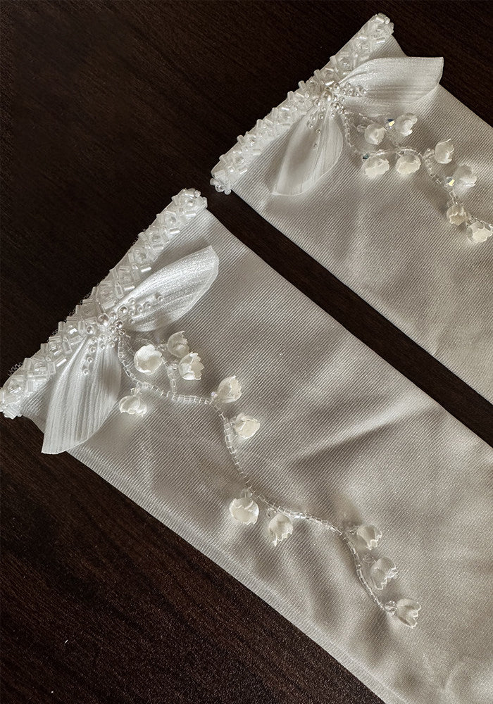 Lily of the Valley Satin Bridal Gloves - Hand-Beaded Pearl Floral Wedding Gloves - Vintage Pleated Ruffle Edge Prom & Evening Mittens (38cm/28cm) LUNA-X320