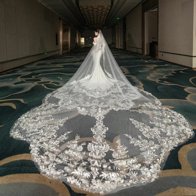 Grand Cathedral Wedding Veil - 138 Extravagant Royal Tulle with Gorgeous Heavy Lace Appliques and Secure Metal Comb  LUNA-X07
