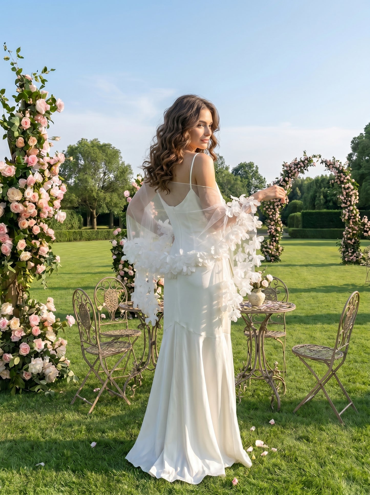 Romantic 3D Floral Applique Bridal Shawl - 160cm Illusion Mesh Wedding Capelet Lightweight Flower Border Cover Up  LUNA-X228