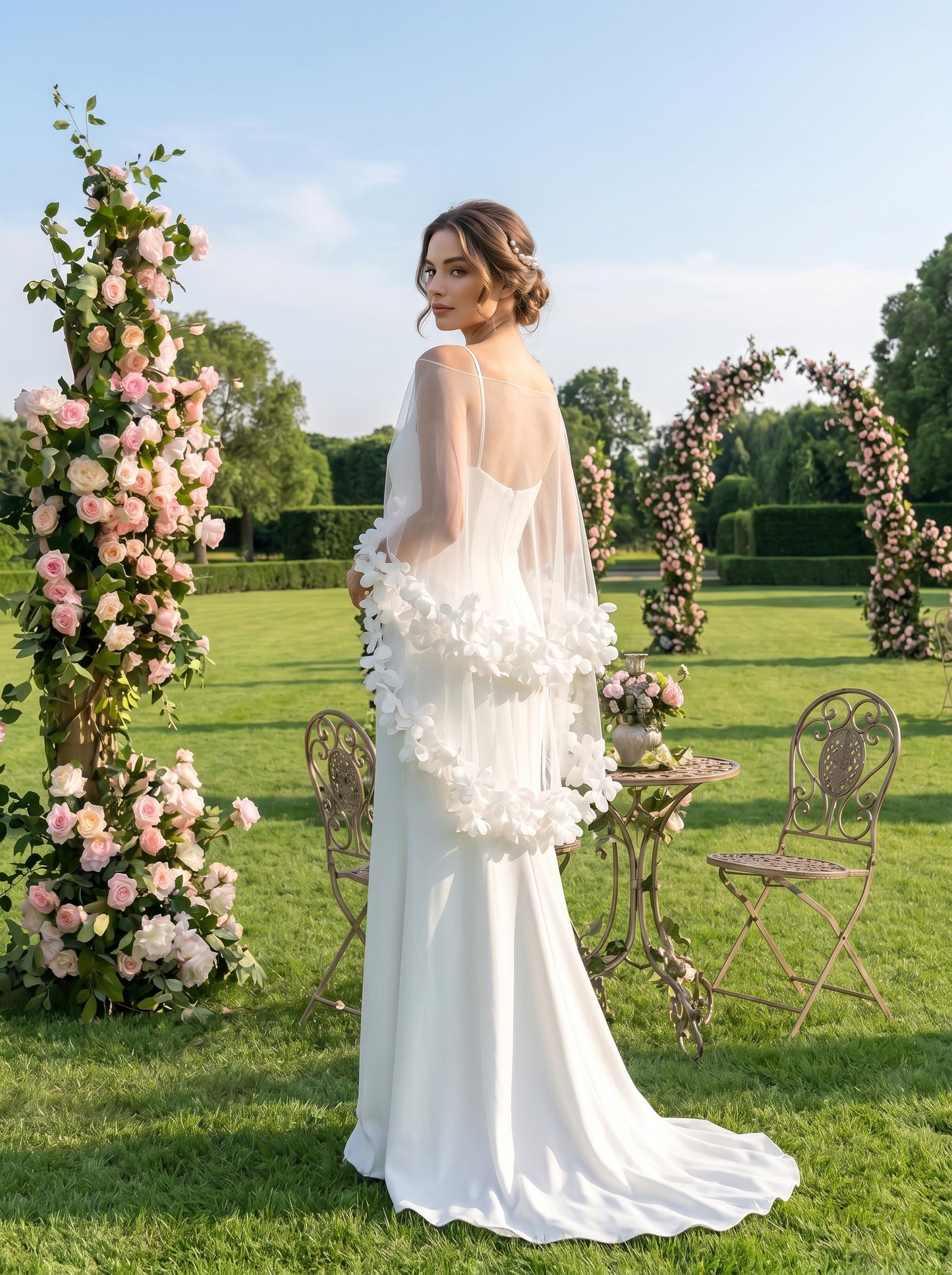 Romantic 3D Floral Applique Bridal Shawl - 160cm Illusion Mesh Wedding Capelet Lightweight Flower Border Cover Up  LUNA-X228