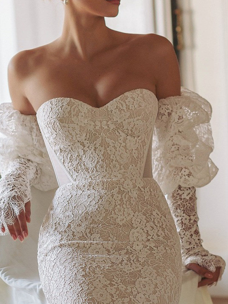 Detachable Lace Bridal Puff Sleeves - 55cm Vintage Victorian Wedding Gloves - Statement Fingerless Eyelash Lace Arms Cuffs with Elastic Top  LUNA-X322