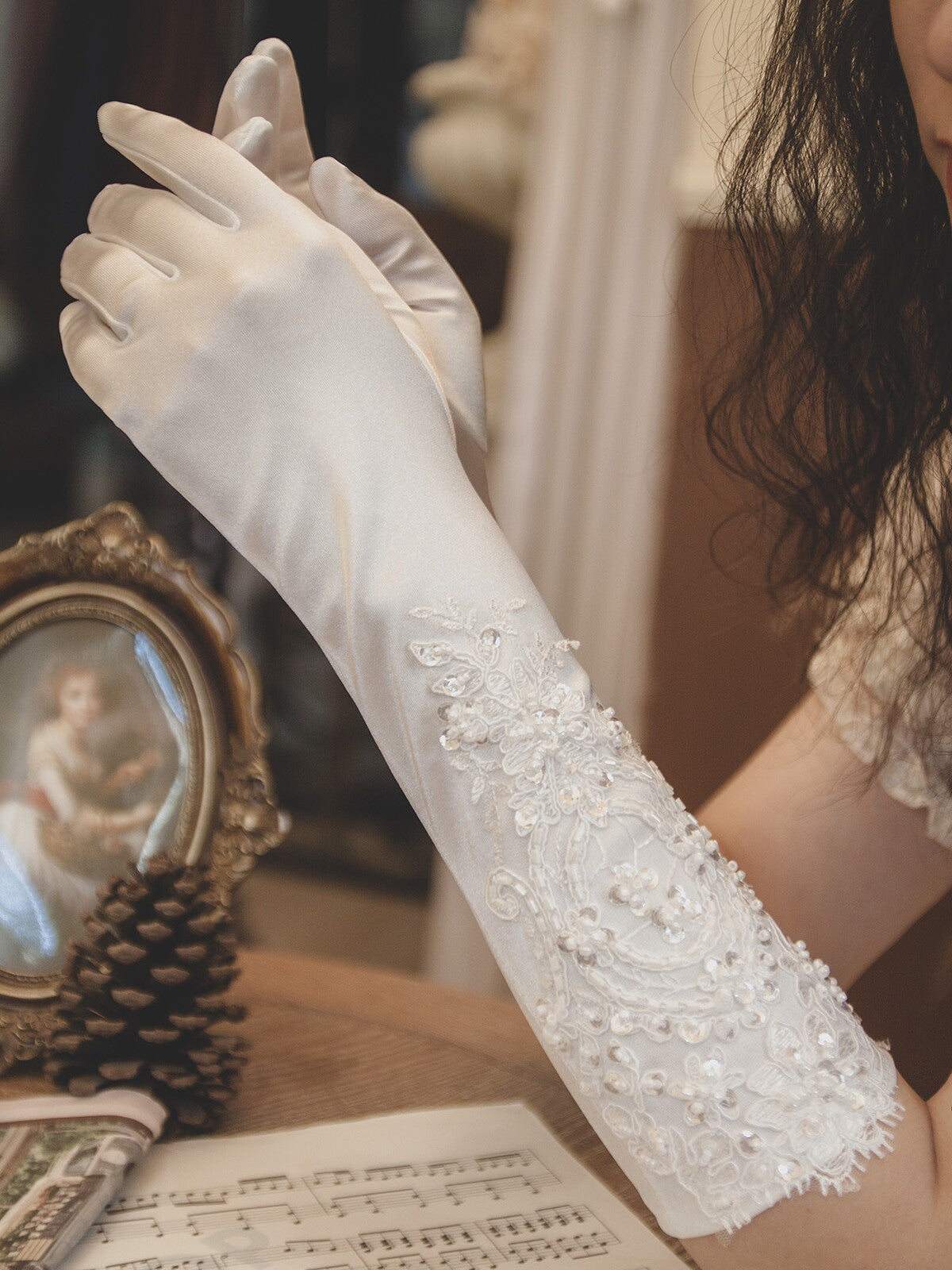 White Satin Bridal Gloves - 35cm Below Elbow Length Wedding Gloves with Hand-Beaded imitation pearls & Sequins - Vintage Regencycore Heavy Lace Prom Mittens LUNA-X308