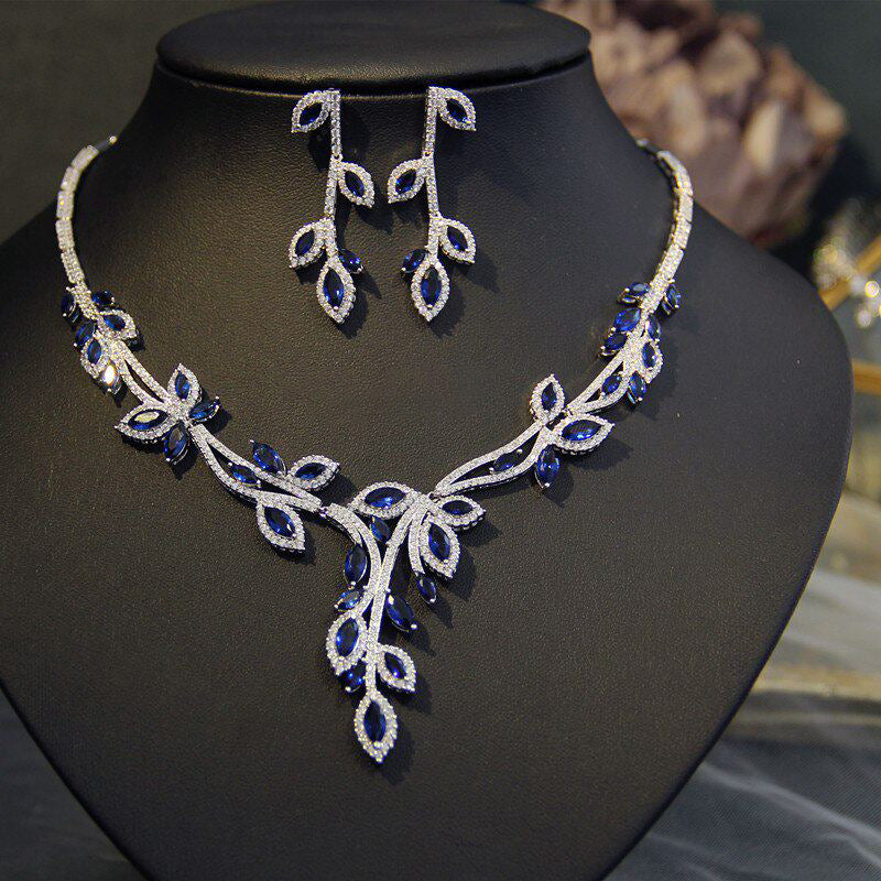 Botanical Vine Bridal Jewelry Set, Luxury Marquise CZ Leaf Necklace & 4.2cm Dangle Earrings Set for Wedding, Royal Blue & Emerald Green  LUNA-X173