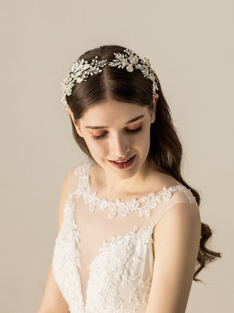Silver Crystal Pearl Floral Vine Bridal Headband for Wedding and Banquet LUNA-X194