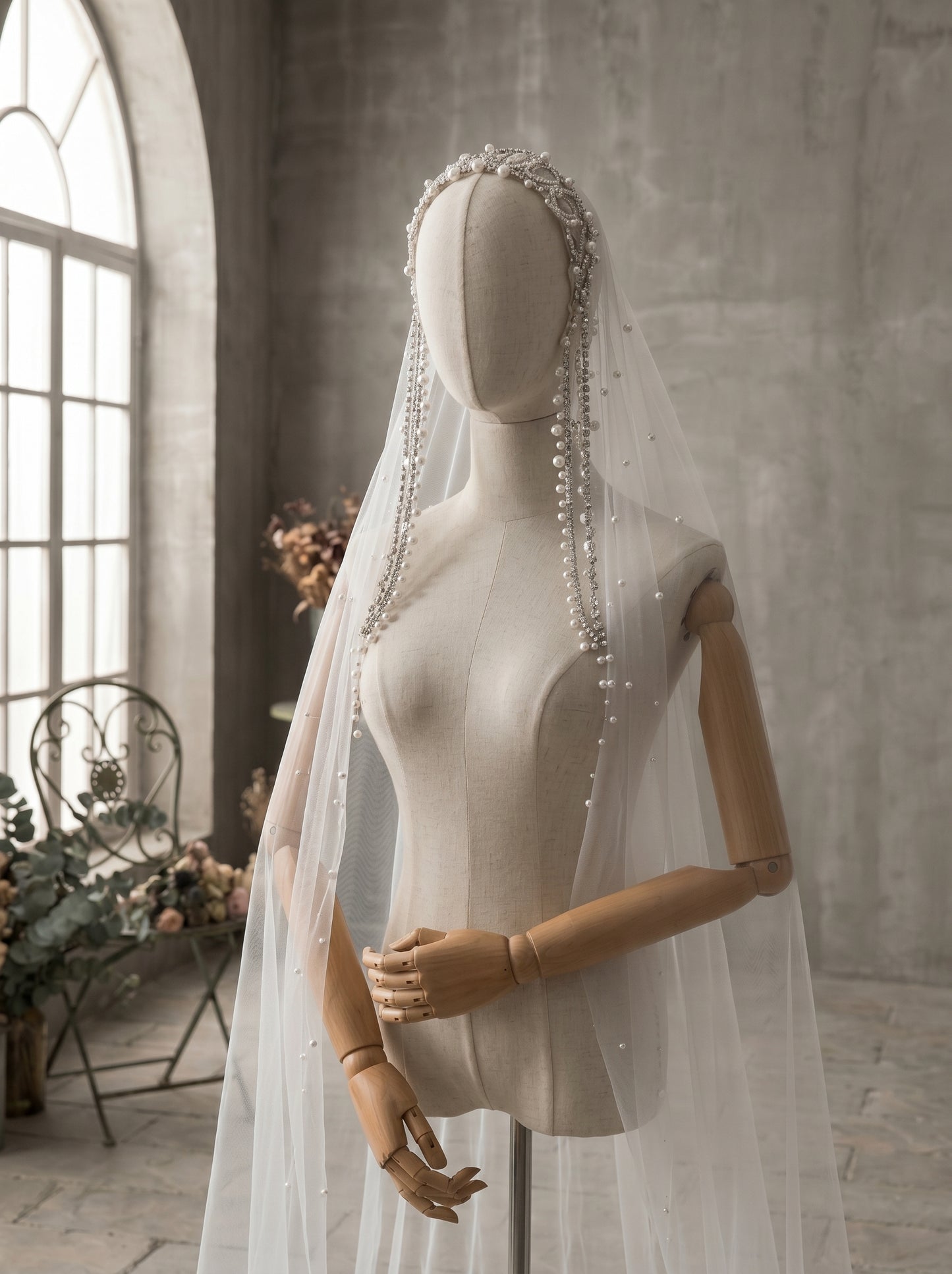 Luxury Cathedral Pearl Wedding Veil 3M - Single Tier Milk White Swiss Tulle Statement Veil with Cascading Pearl Headband Tassels and Clips LUNA-X91