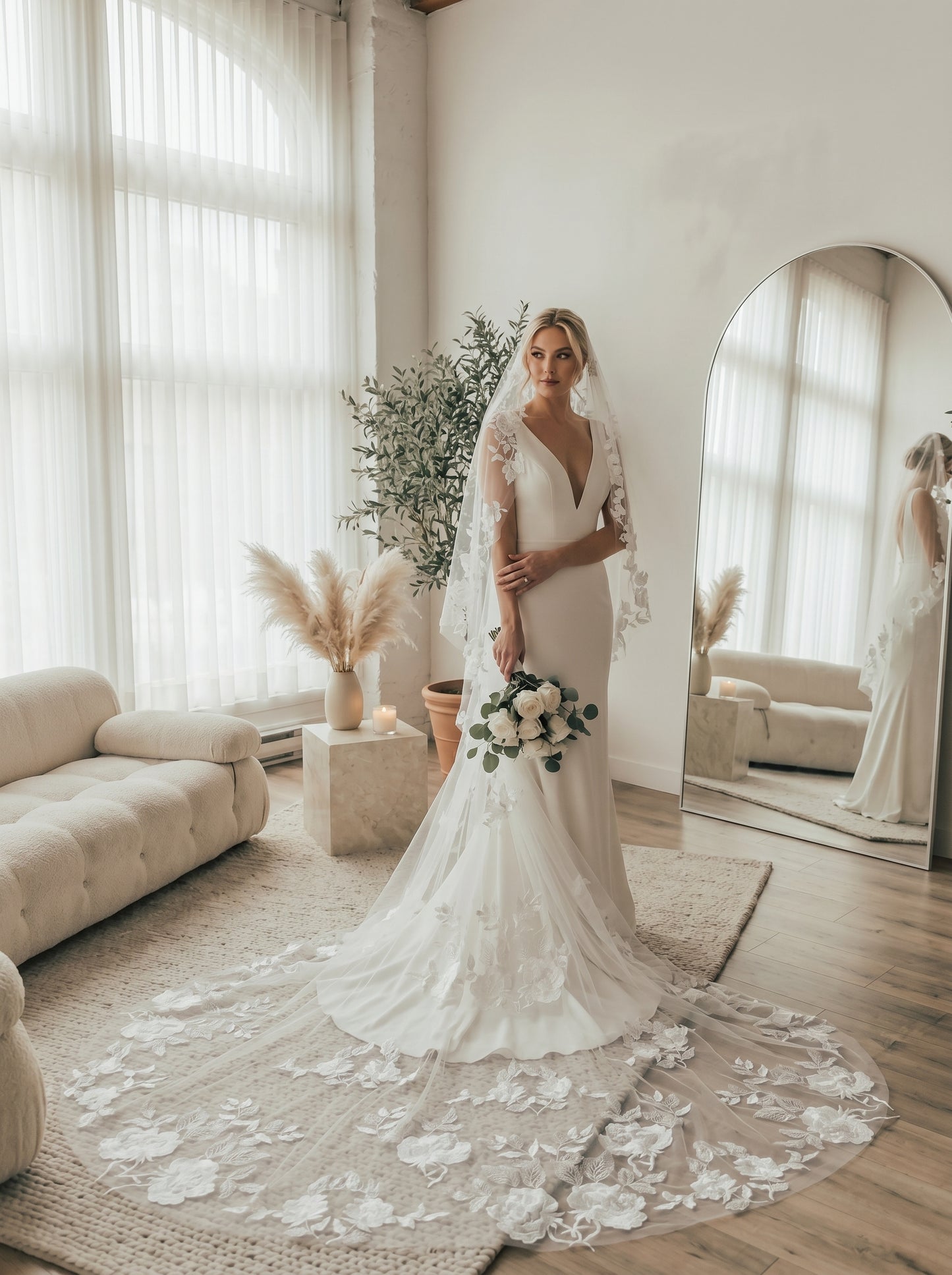 Royal Grand Cathedral Wedding Veil - Extra Wide 3m x 3.5m Luxury Bridal Veil with Comb, Sleek One Layer Long Train Veil  LUNA-X60