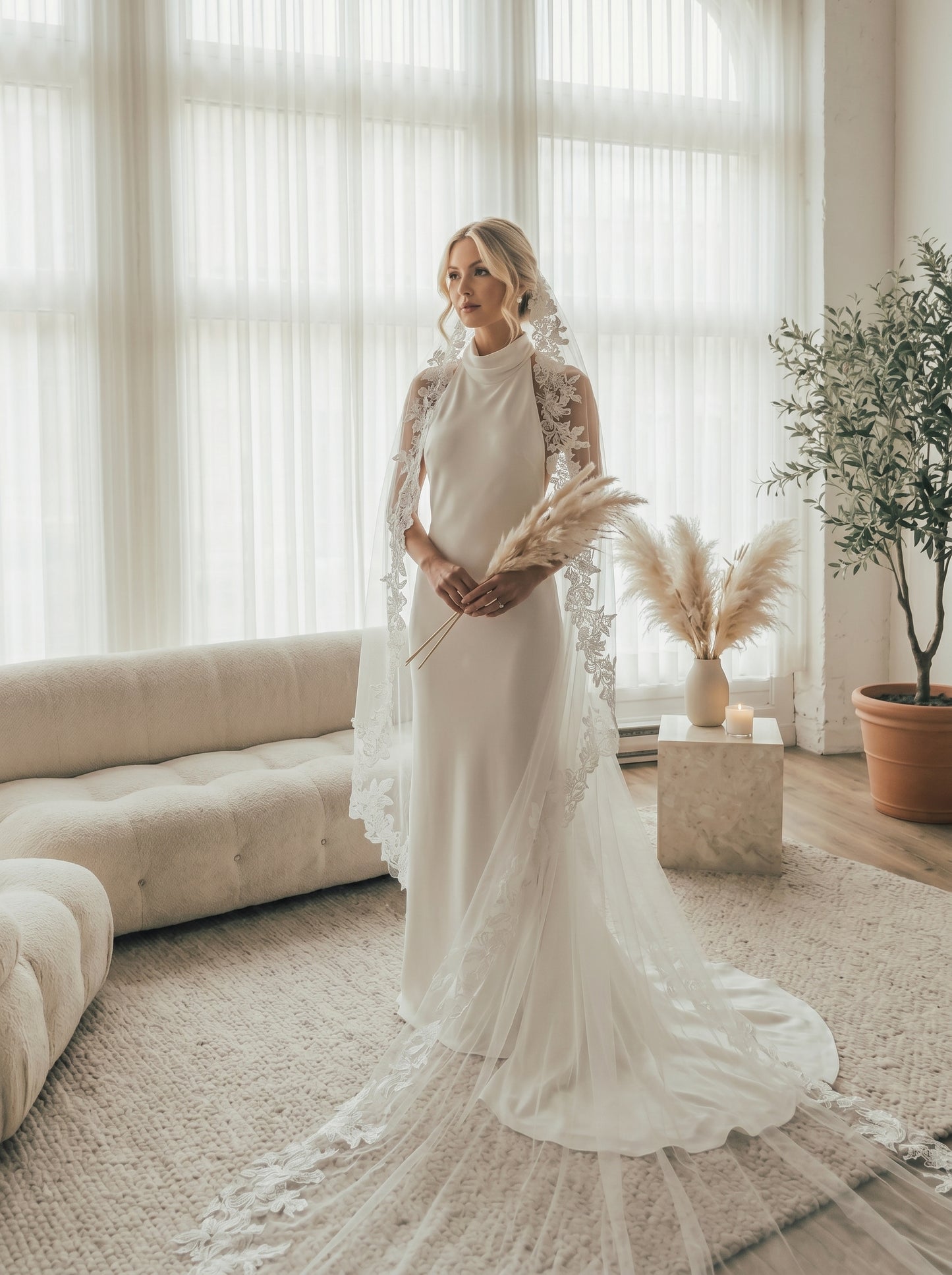 French Large Leaf Lace Cathedral Veil - Luxury 3m Embroidered Botanical Wedding Veil with Invisible Comb, Royal Bridal Lace Veil  LUNA-X61