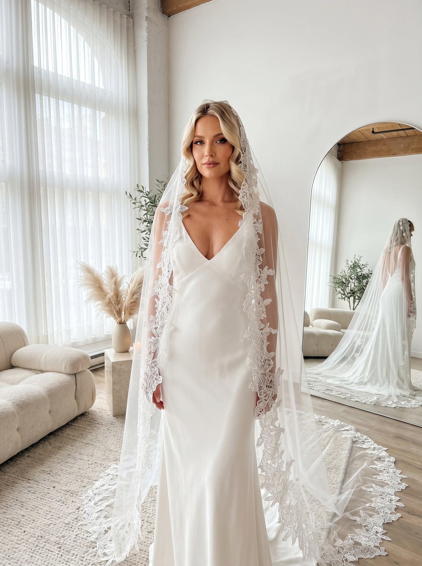 French Large Leaf Lace Cathedral Veil - Luxury 3m Embroidered Botanical Wedding Veil with Invisible Comb, Royal Bridal Lace Veil  LUNA-X61