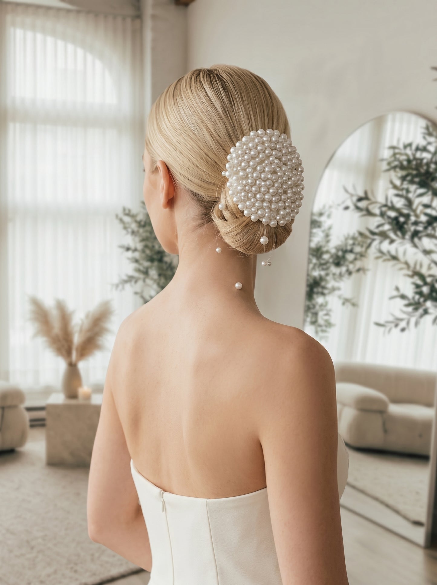Luxury Pearlcore Bridal Bun Cover with Floating Pearl Rain - Ethereal Cluster Pearl Headpiece - Modern Statement Wedding Hair Accessory  LUNA-X235