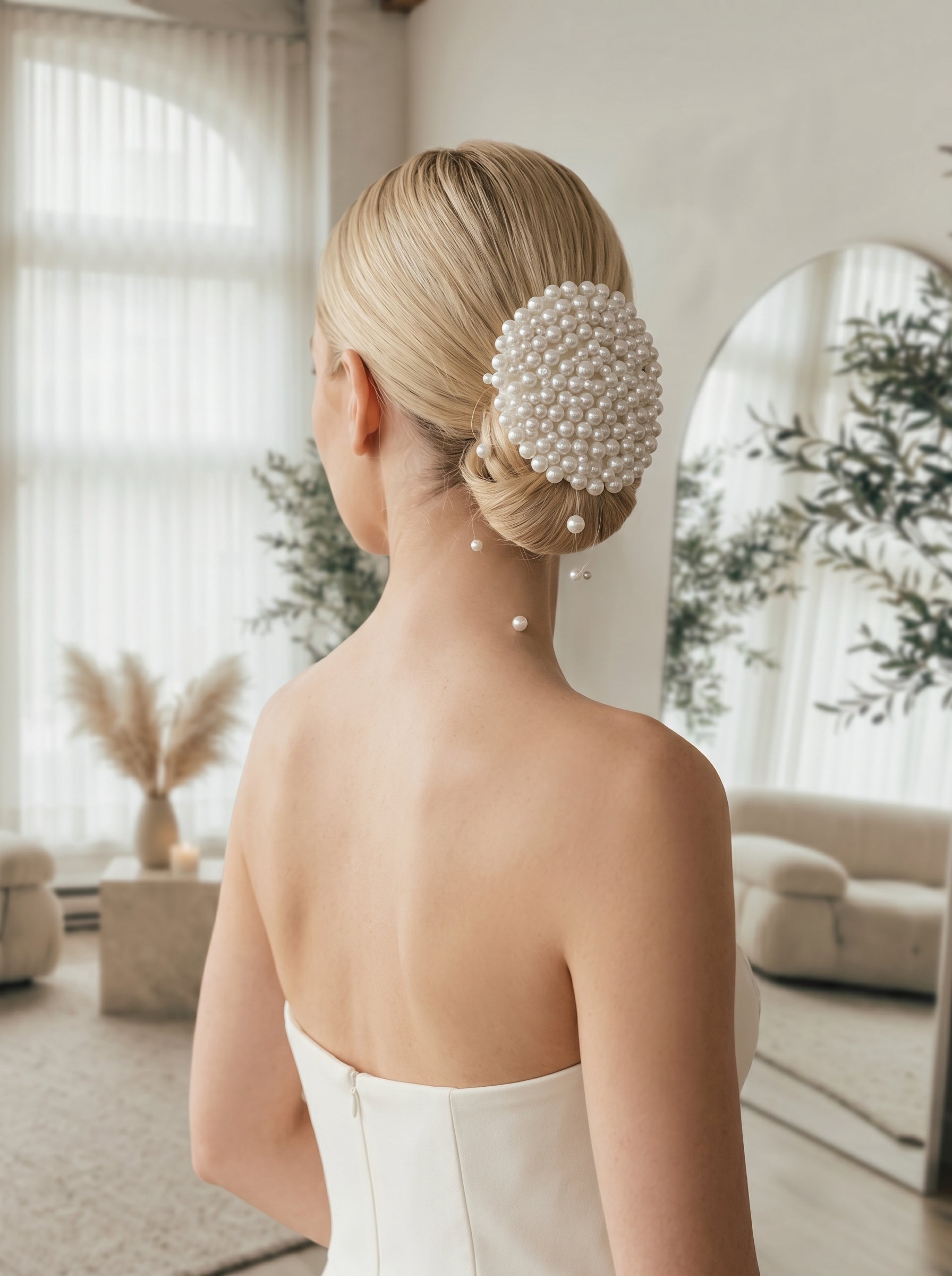 Luxury Pearlcore Bridal Bun Cover with Floating Pearl Rain - Ethereal Cluster Pearl Headpiece - Modern Statement Wedding Hair Accessory  LUNA-X235