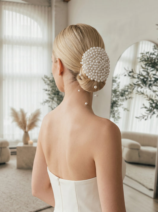 Luxury Pearlcore Bridal Bun Cover with Floating Pearl Rain - Ethereal Cluster Pearl Headpiece - Modern Statement Wedding Hair Accessory  LUNA-X235