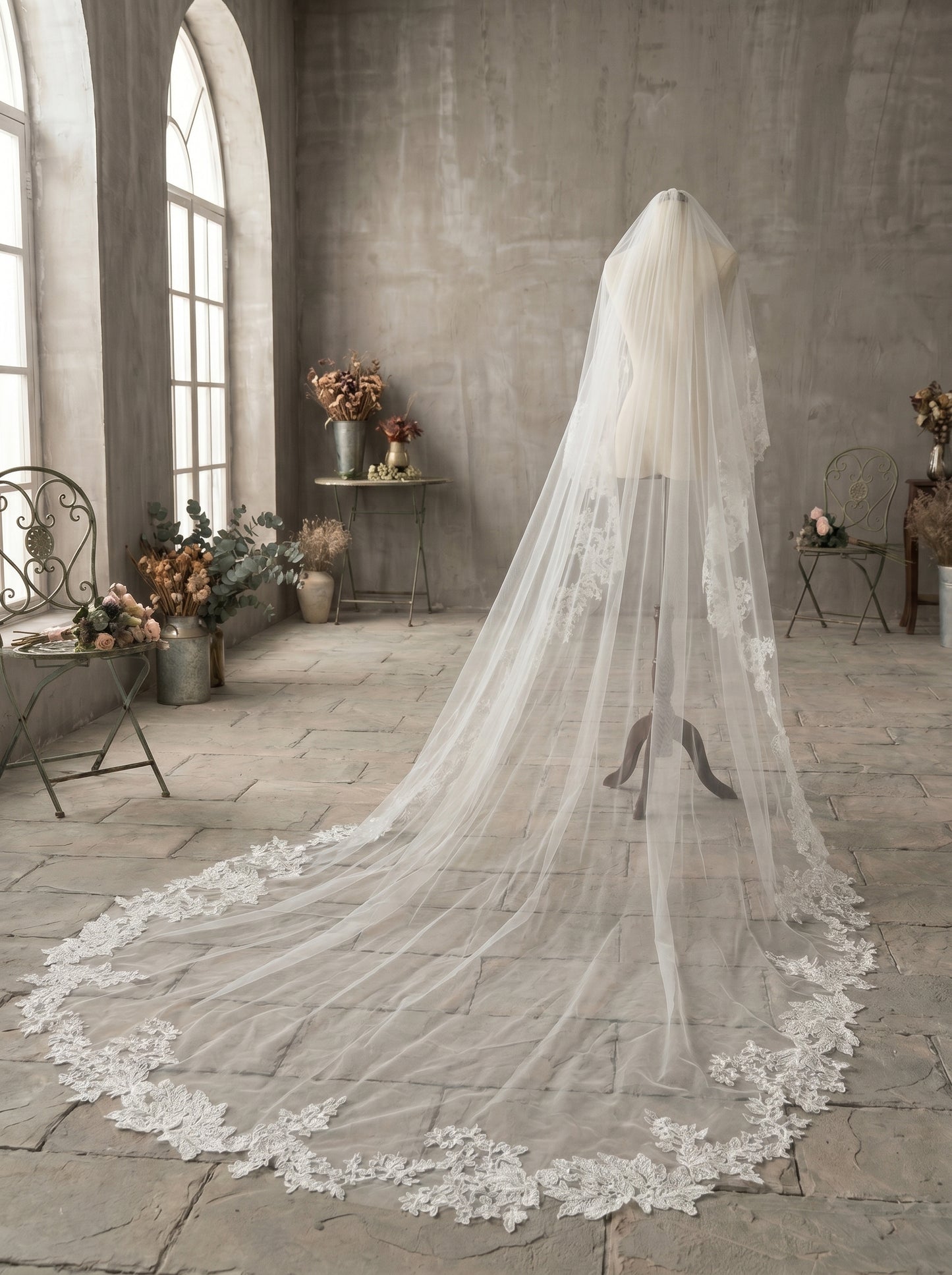 Luxury Cathedral Lace Wedding Veil - 3m/4m Romantic Floral Lace Applique Veil, Comb-Free Vintage Bridal Veil  LUNA-X26
