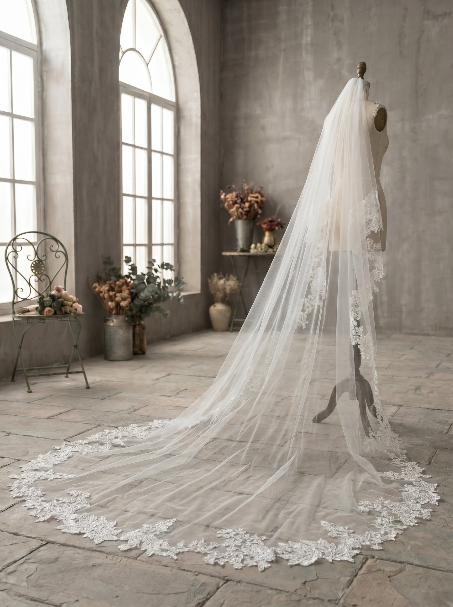 Luxury Cathedral Lace Wedding Veil - 3m/4m Romantic Floral Lace Applique Veil, Comb-Free Vintage Bridal Veil  LUNA-X26