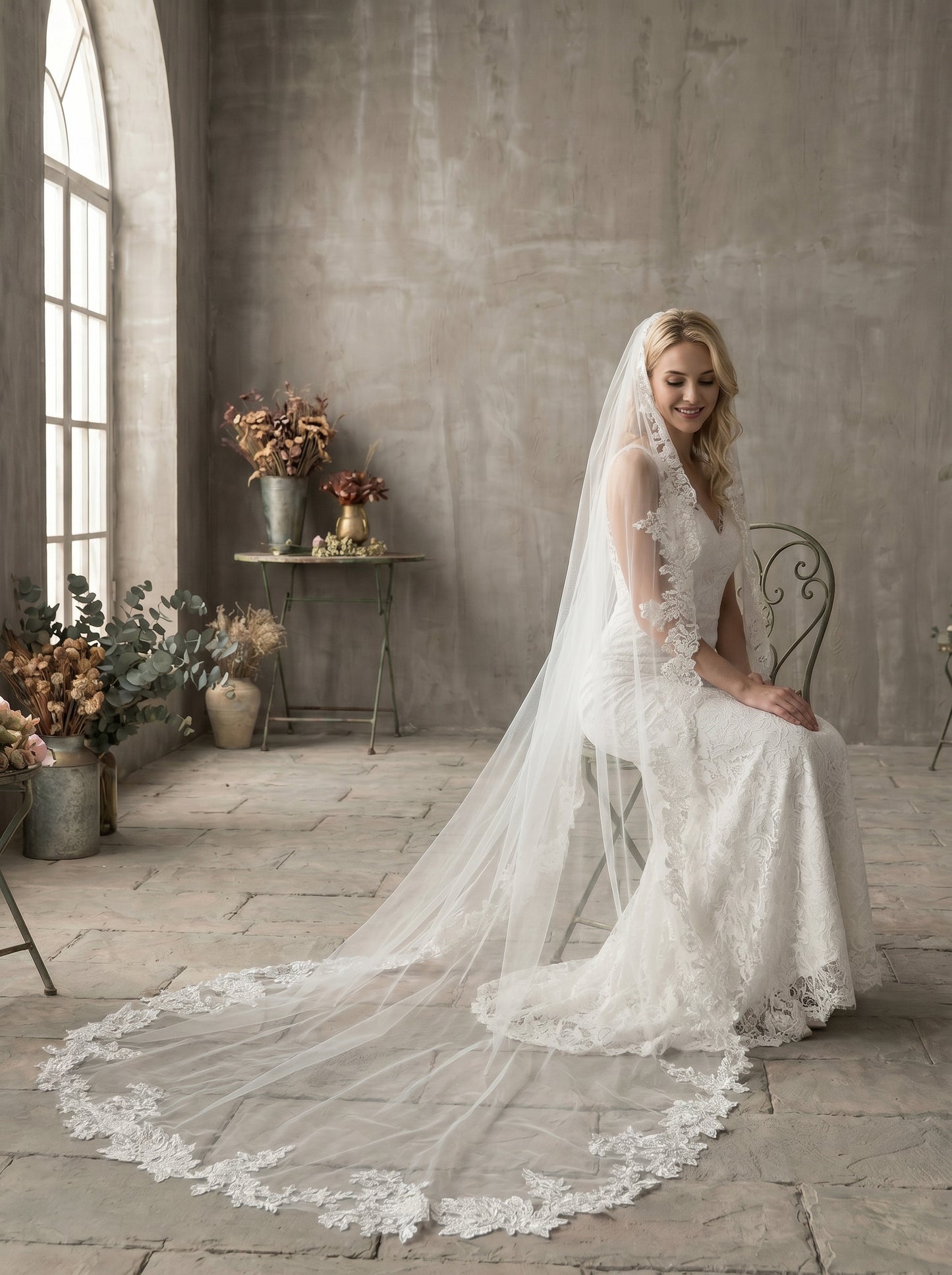 Luxury Cathedral Lace Wedding Veil - 3m/4m Romantic Floral Lace Applique Veil, Comb-Free Vintage Bridal Veil  LUNA-X26