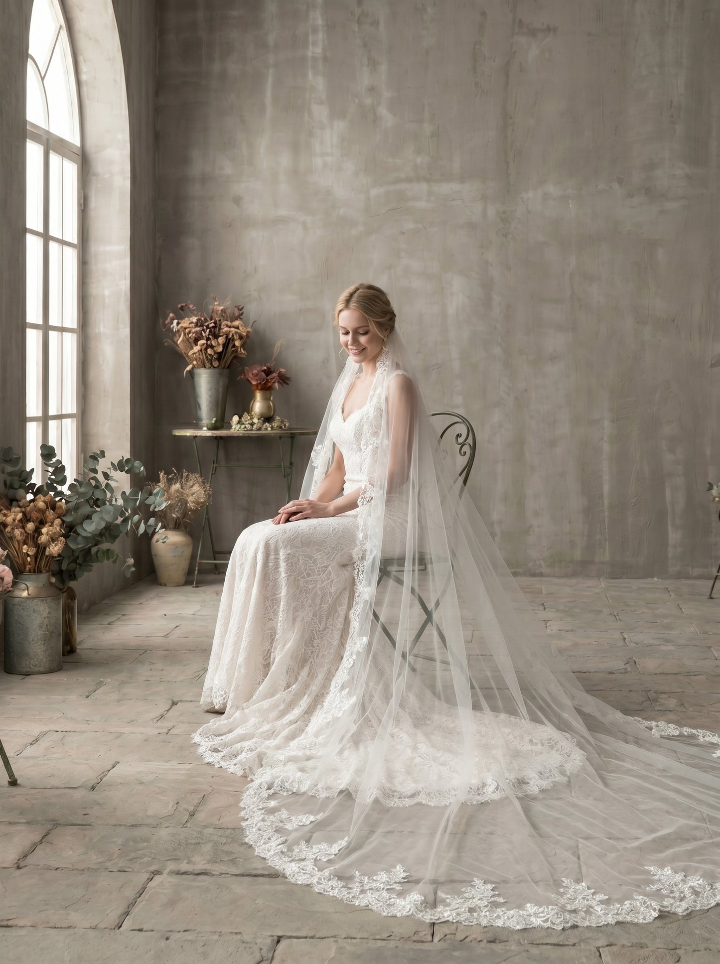 Luxury Cathedral Lace Wedding Veil - 3m/4m Romantic Floral Lace Applique Veil, Comb-Free Vintage Bridal Veil  LUNA-X26