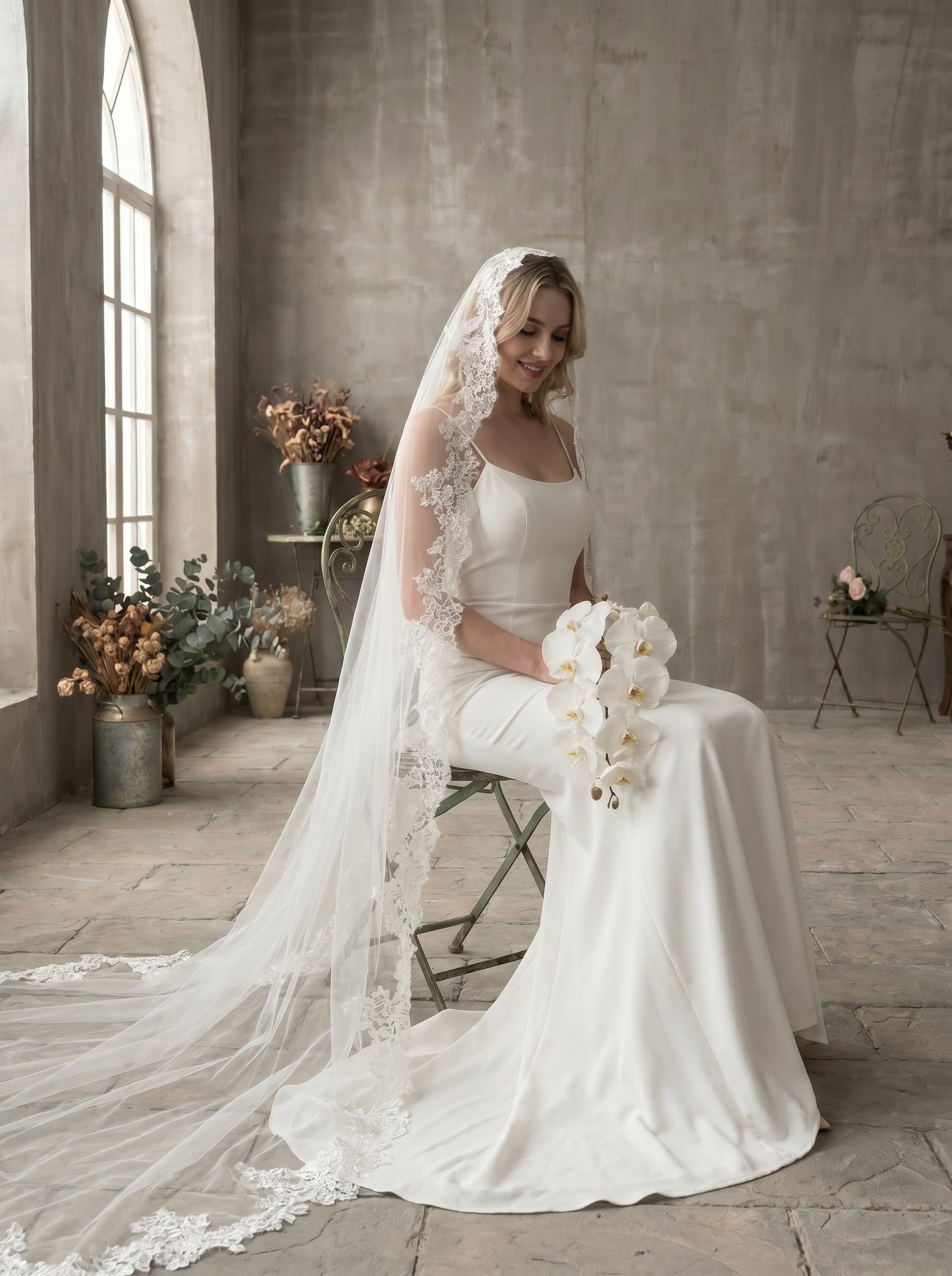 Luxury Cathedral Lace Wedding Veil - 3m/4m Romantic Floral Lace Applique Veil, Comb-Free Vintage Bridal Veil  LUNA-X26