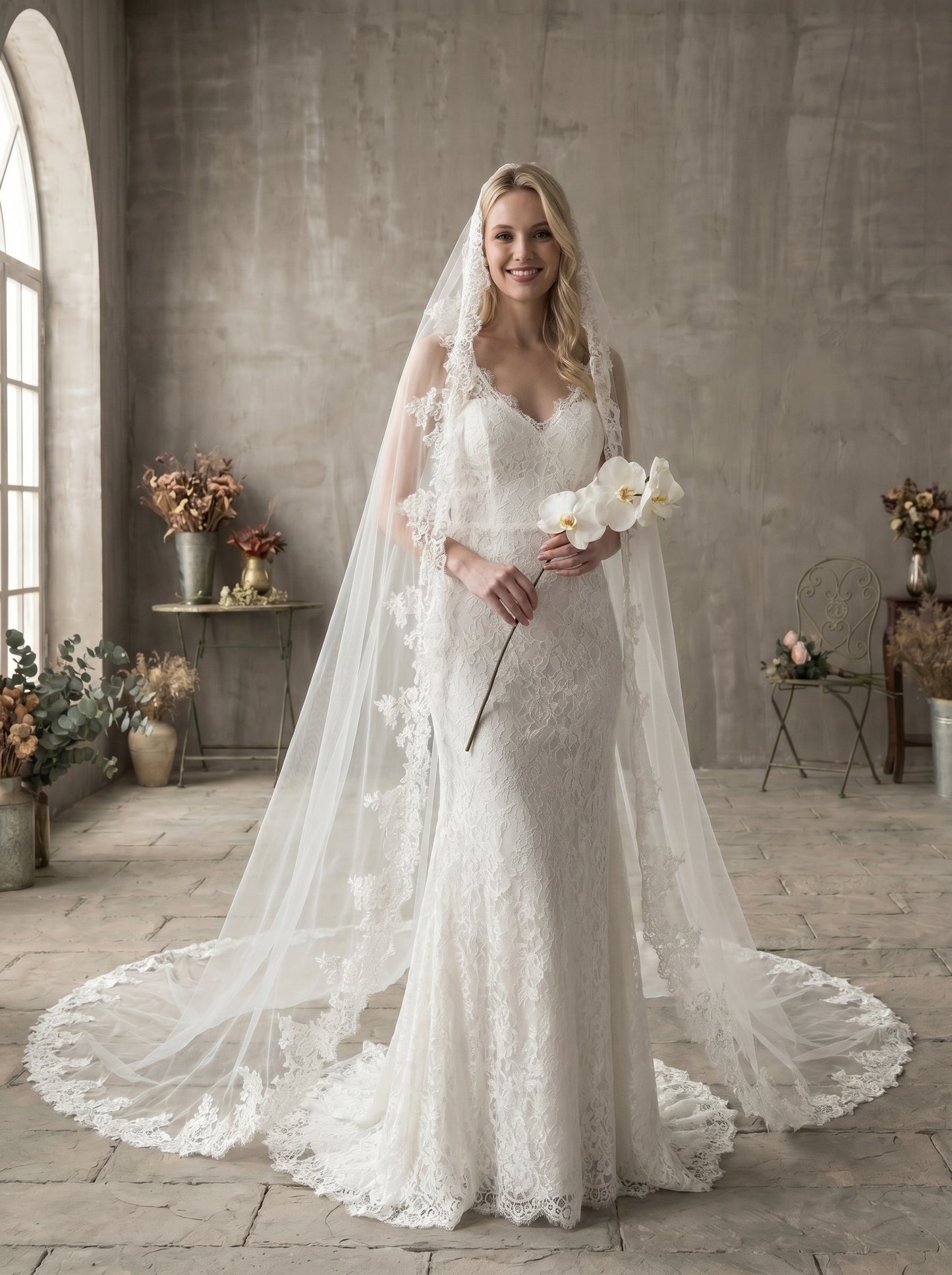 Luxury Cathedral Lace Wedding Veil - 3m/4m Romantic Floral Lace Applique Veil, Comb-Free Vintage Bridal Veil  LUNA-X26