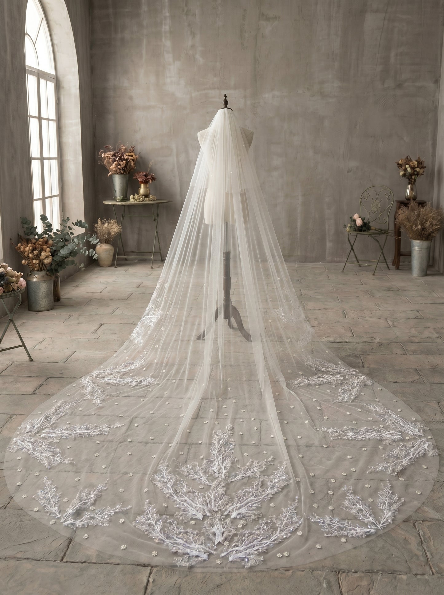 Luxury Regal Cathedral Drop Veil - 4m/5m Extravagant Soft Tulle Veil with 31" Blusher, Comb-Free High-Fashion Wedding Veil  LUNA-X25