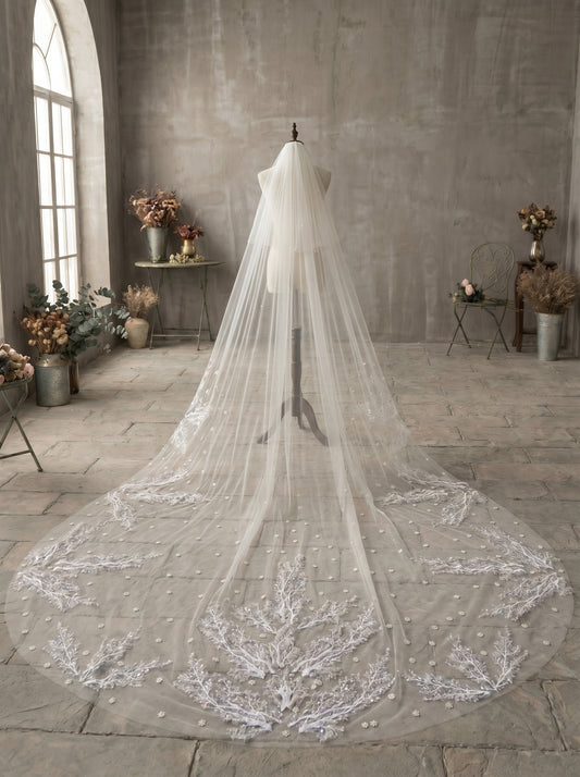 Luxury Regal Cathedral Drop Veil - 4m/5m Extravagant Soft Tulle Veil with 31" Blusher, Comb-Free High-Fashion Wedding Veil  LUNA-X25