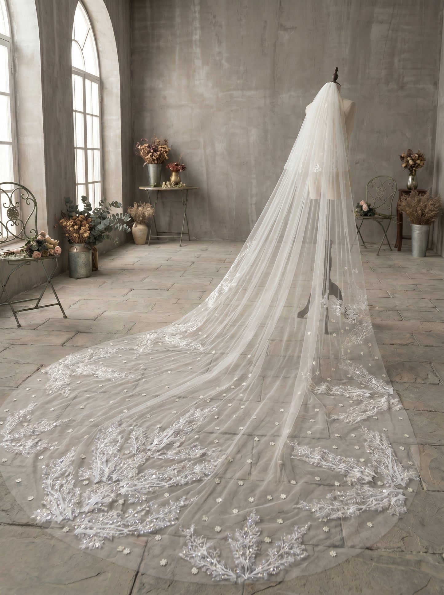 Luxury Regal Cathedral Drop Veil - 4m/5m Extravagant Soft Tulle Veil with 31" Blusher, Comb-Free High-Fashion Wedding Veil  LUNA-X25