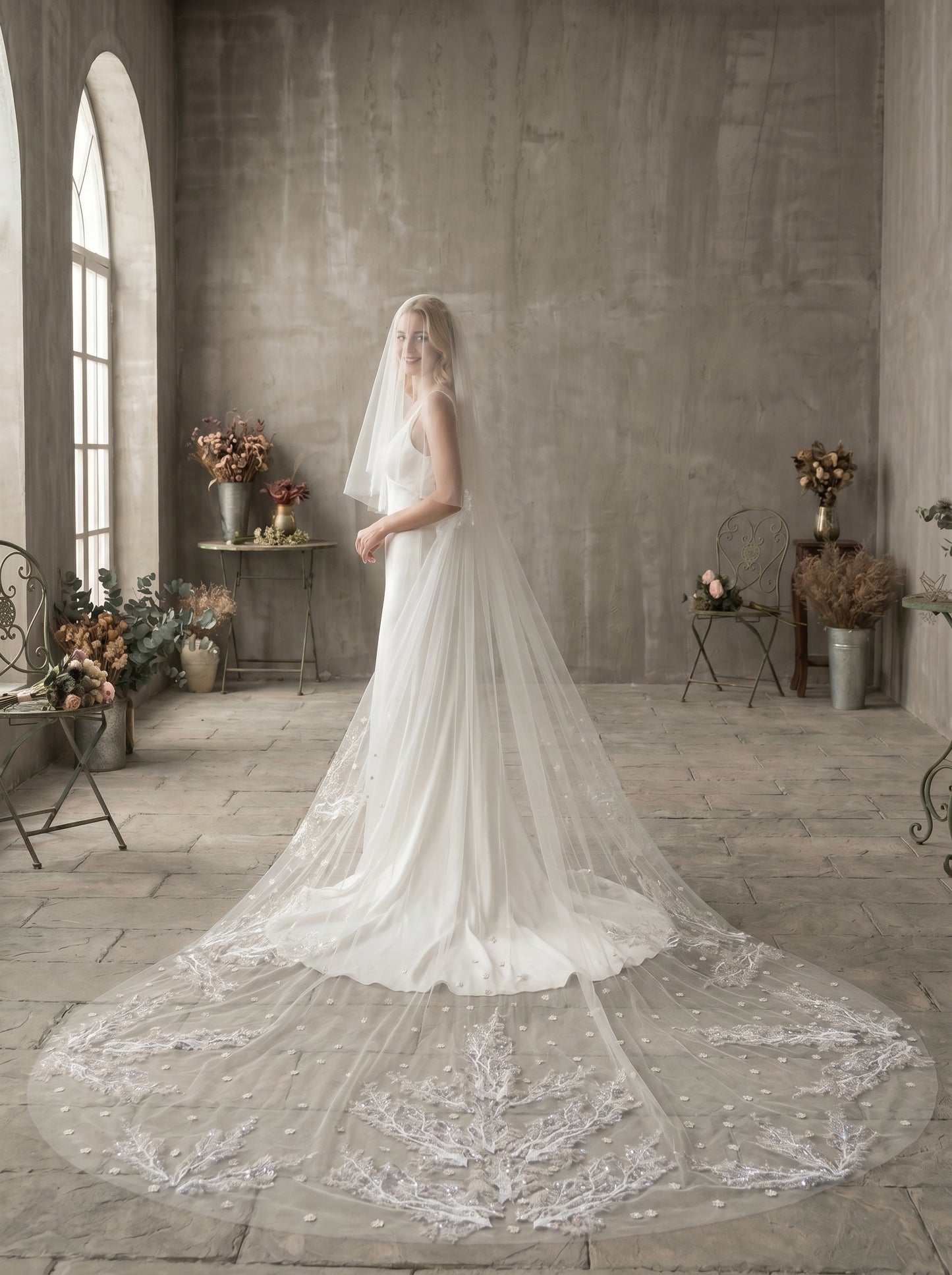 Luxury Regal Cathedral Drop Veil - 4m/5m Extravagant Soft Tulle Veil with 31" Blusher, Comb-Free High-Fashion Wedding Veil  LUNA-X25