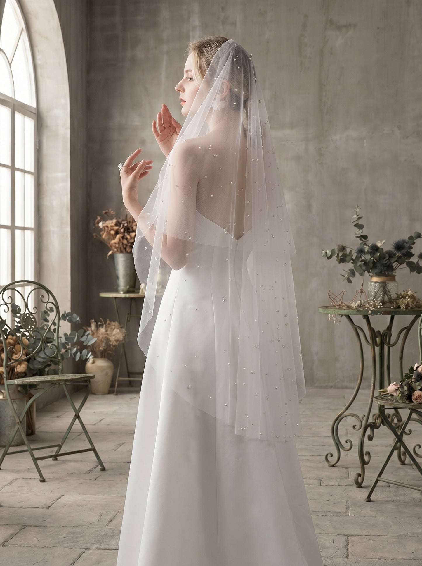 Luxury 2-Tier Pearl Fingertip Veil with Blusher - Milk White Soft Tulle Wedding Veil with Comb, Scattered Floating Pearlcore Bridal Veil  LUNA-X69