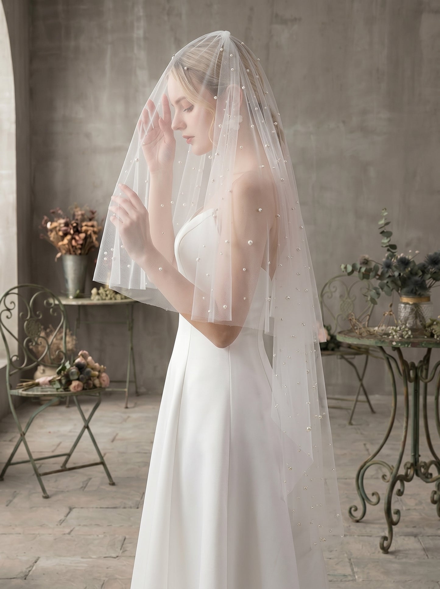 Luxury 2-Tier Pearl Fingertip Veil with Blusher - Milk White Soft Tulle Wedding Veil with Comb, Scattered Floating Pearlcore Bridal Veil  LUNA-X69