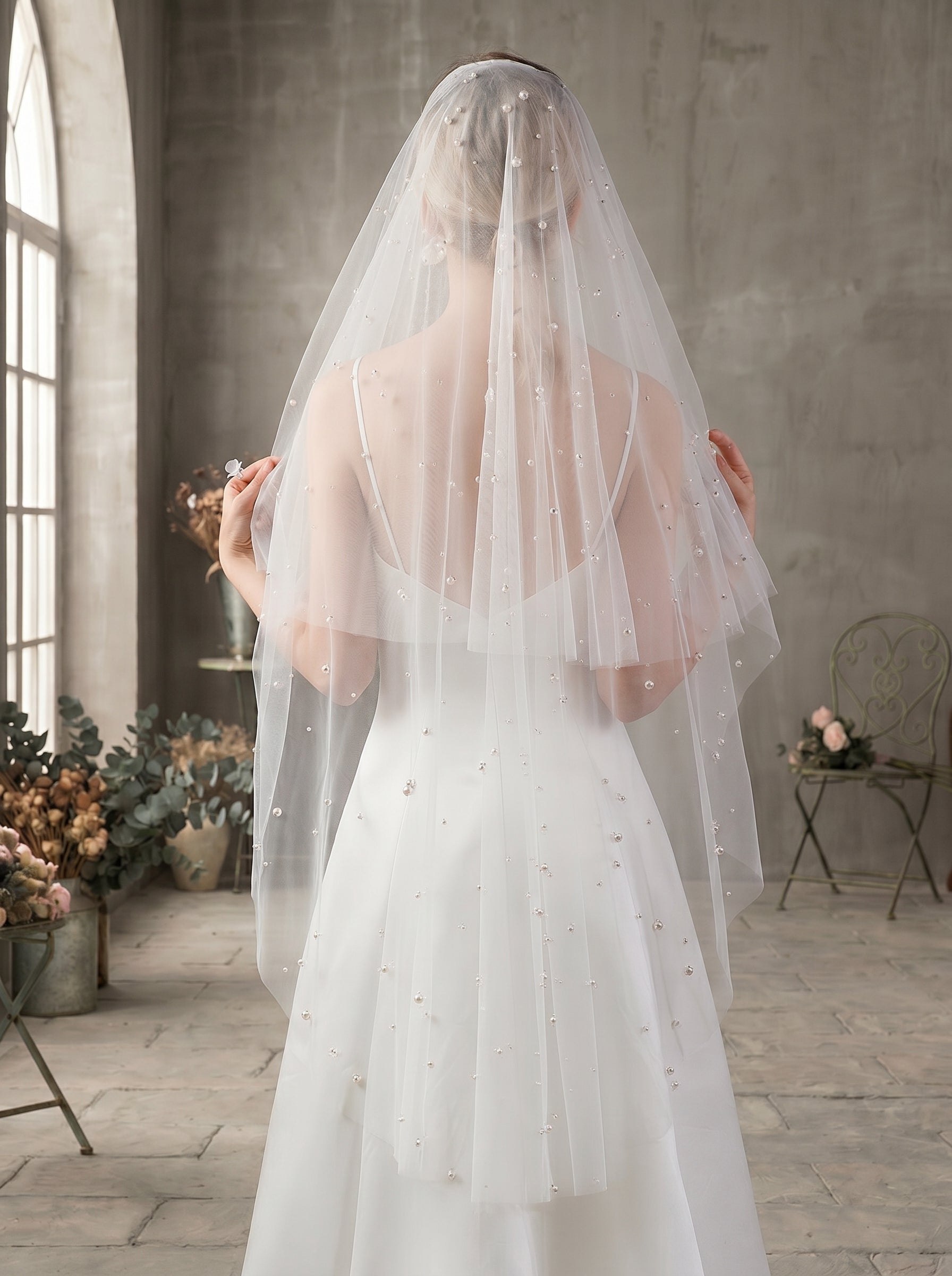 Luxury 2-Tier Pearl Fingertip Veil with Blusher - Milk White Soft Tulle Wedding Veil with Comb, Scattered Floating Pearlcore Bridal Veil  LUNA-X69