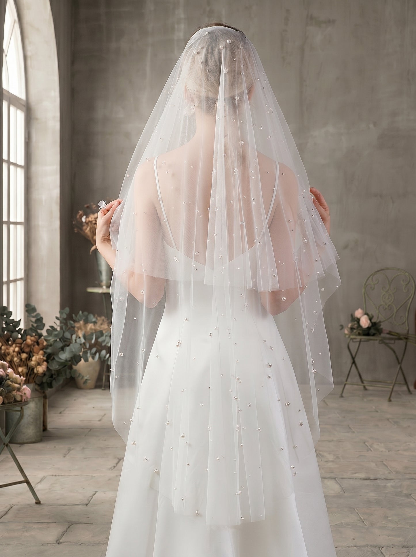 Luxury 2-Tier Pearl Fingertip Veil with Blusher - Milk White Soft Tulle Wedding Veil with Comb, Scattered Floating Pearlcore Bridal Veil  LUNA-X69