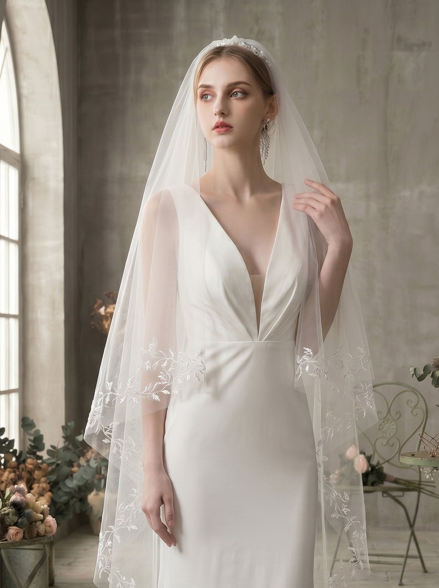 Two Tier Milk White Wedding Veil with Flower Wreath Tiara, Front 70cm Back 125cm Drop Veil for Bride, Embroidered Botanical Leaf Flounce Blusher LUNA-X84